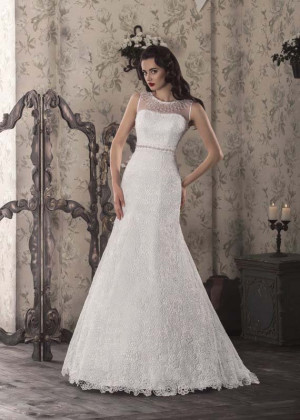 Jewel Neckline Sheer Back Ivory Lace Beaded Wedding Dress